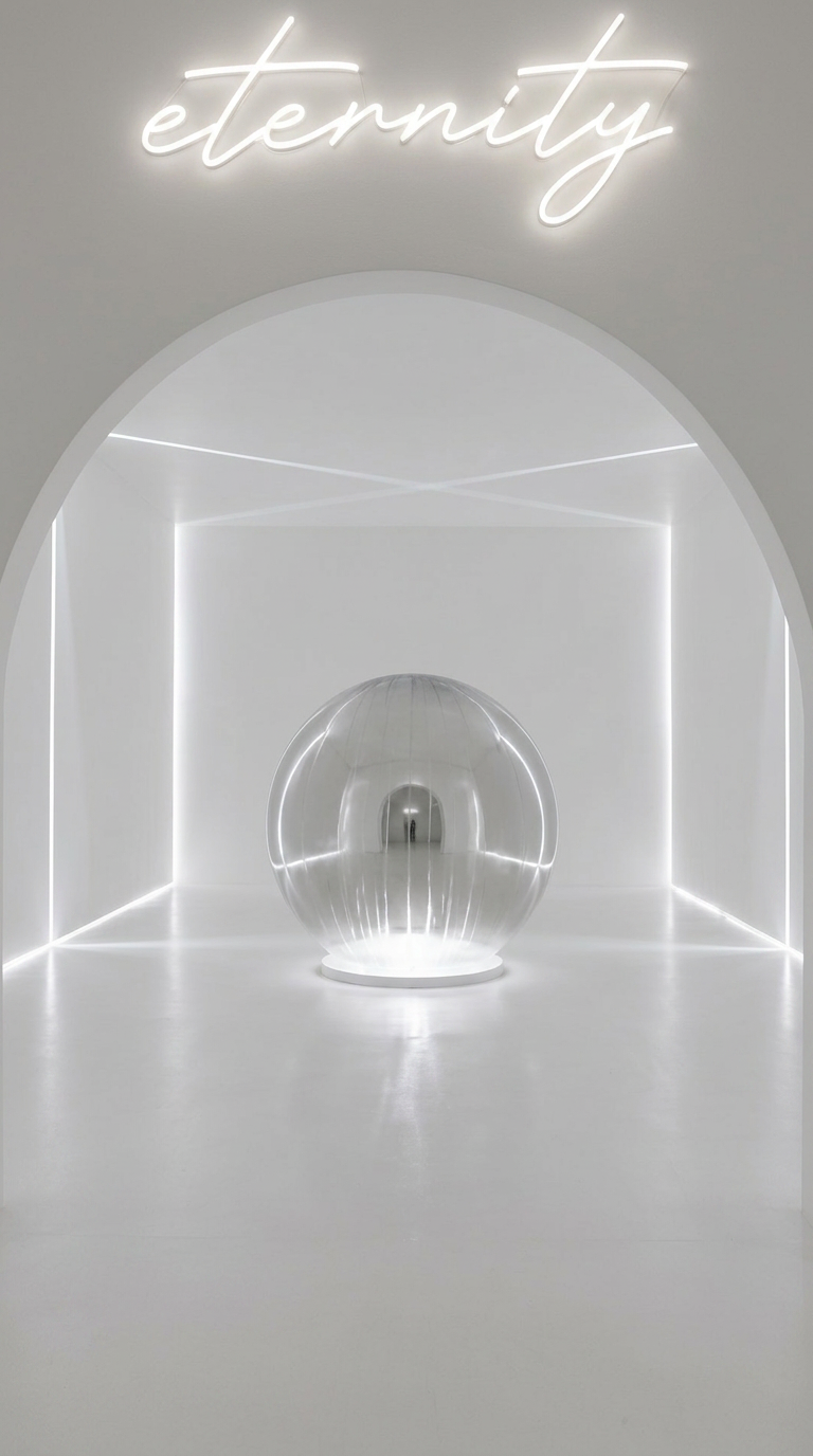 Eternity installation at Agape Arts: glowing white neon sign above an arched infinity corridor at a Seattle contemporary art exhibition